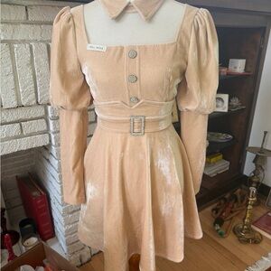 Meli Mosa Italy Beige Long Sleeve Dress with Belted Waist